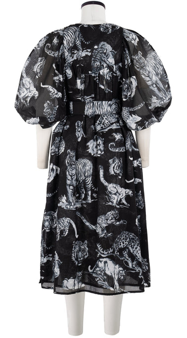 Anastasia Dress Crew Neck Slit 3/4 Puff Sleeve with Hamilton Belt Midi Length Cotton Musola (Tiger Toile Multi)