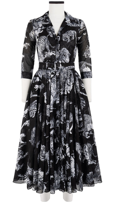 Aster Dress Shirt Collar 3/4 Sleeve Midi Length Cotton Musola (Tiger Toile Multi)
