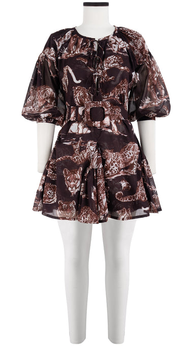 Birdy Dress Crew Neck Slit 3/4 Puff Sleeve with Hamilton Belt Mini Length Cotton Musola (Tiger Toile Multi)