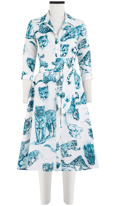 Abel Dress Shirt Collar 3/4 Sleeve with Hamilton Belt Long Length Linen (Tiger Toile White)