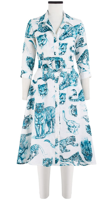 Abel Dress Shirt Collar 3/4 Sleeve with Hamilton Belt Long Length Linen (Tiger Toile White)