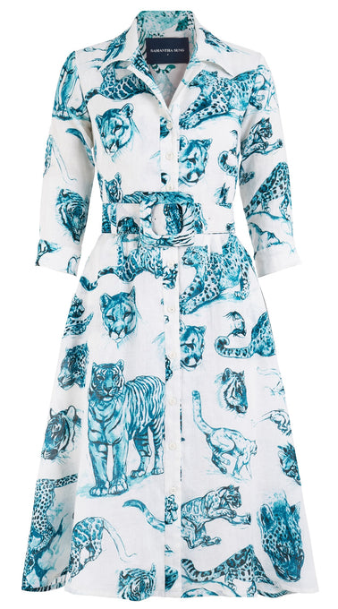 Abel Dress Shirt Collar 3/4 Sleeve with Hamilton Belt Long Length Linen (Tiger Toile White)