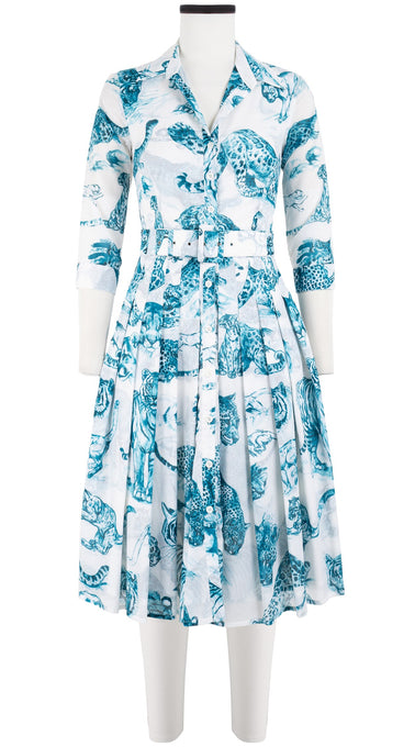 Audrey Dress #4 Shirt Collar 3/4 Sleeve Long Length Cotton Musola (Tiger Toile White)