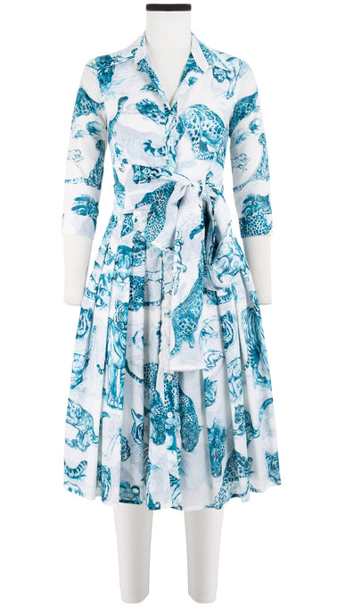 Audrey Dress #4 Shirt Collar 3/4 Sleeve Long Length Cotton Musola (Tiger Toile White)