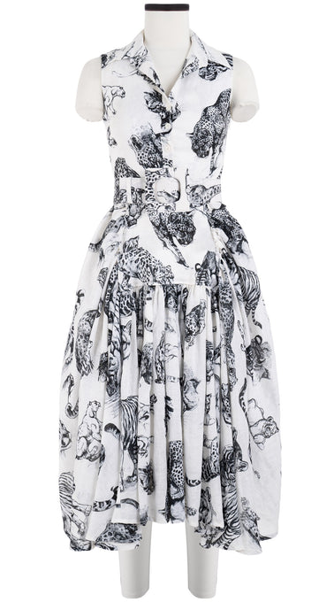 Clara Dress Shirt Collar Sleeveless with Hamilton Belt Long Length Linen (Tiger Toile White)