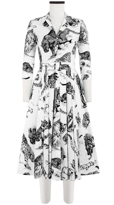 Laurent Dress Shirt Collar 3/4 Sleeve Midi Length Cotton Stretch (Tiger Toile White)