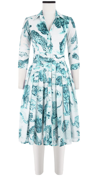 Audrey Dress #4 Shirt Collar 3/4 Sleeve Long Length Cotton Musola (Tiger Toile White)