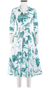 Laurent Dress Shirt Collar 3/4 Sleeve Midi Length Cotton Stretch (Tiger Toile White)