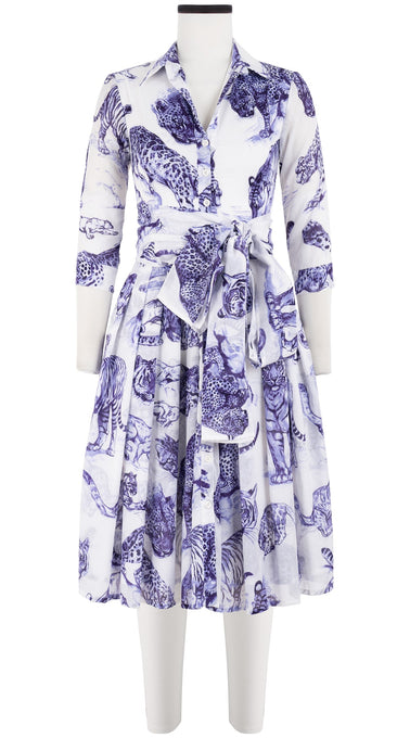 Audrey Dress #4 Shirt Collar 3/4 Sleeve Long Length Cotton Musola (Tiger Toile White)