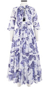 Eden Dress Crew Neck 3/4 Sleeve with Hamilton Belt Maxi Length Cotton Musola (Tiger Toile White)