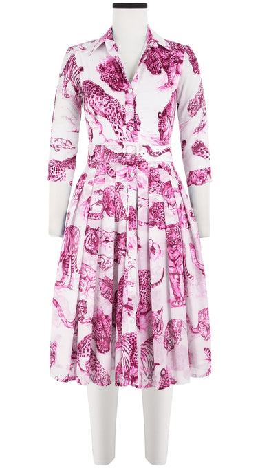 Audrey Dress #4 Shirt Collar 3/4 Sleeve Long Length Cotton Musola (Tiger Toile White)