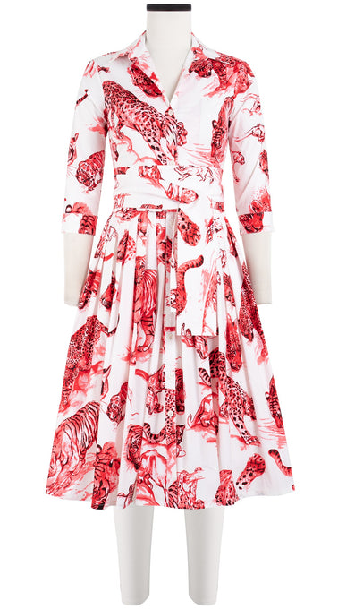 Audrey Dress #2 Shirt Collar 3/4 Sleeve Long Length Cotton Stretch (Tiger Toile White)