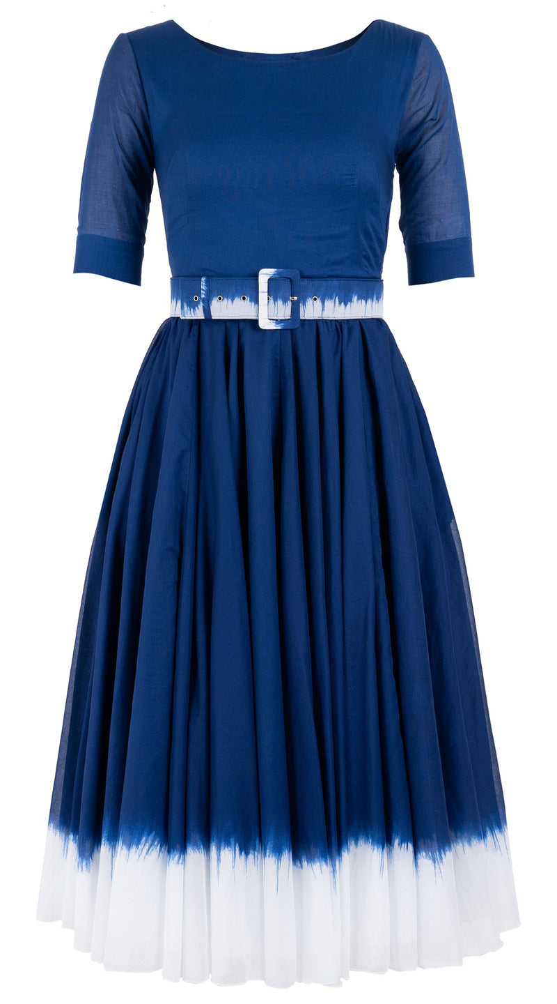 Aster Dress Boat Neck 1/2 Sleeve Midi Length Cotton Musola (White Border Tie Dye)