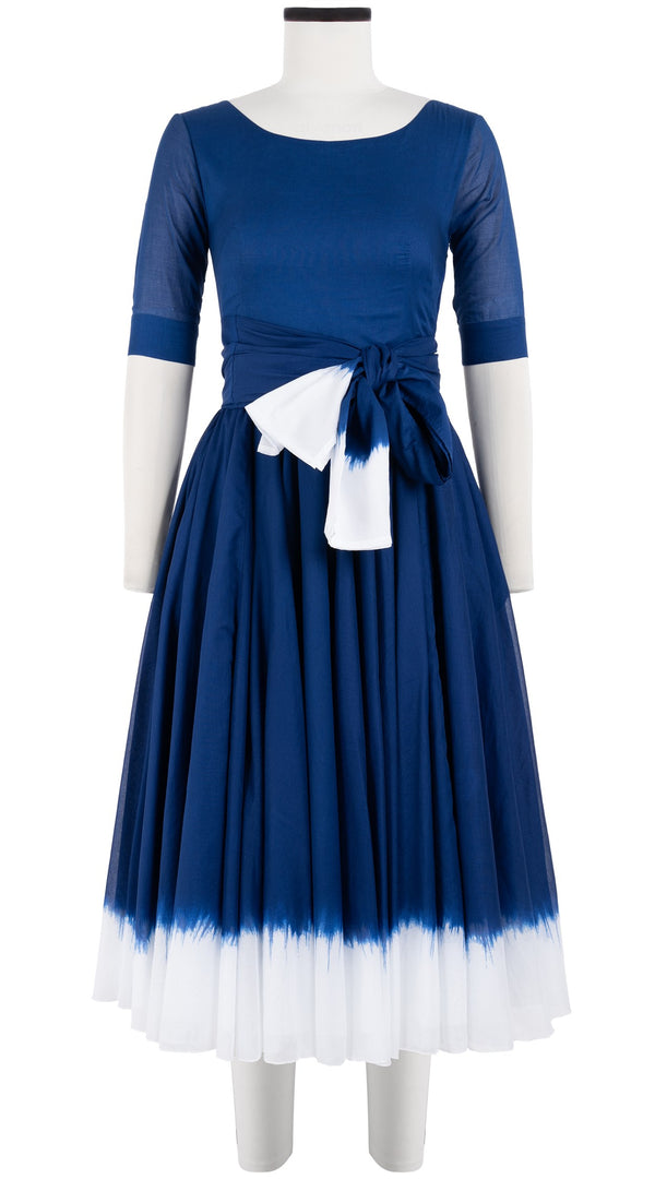 Aster Dress Boat Neck 1/2 Sleeve Midi Length Cotton Musola (White Border Tie Dye)