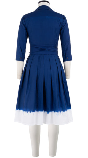 Audrey Dress #1 Shirt Collar 3/4 Sleeve Cotton Stretch (White Border Tie Dye)