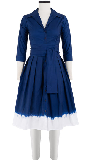 Audrey Dress #1 Shirt Collar 3/4 Sleeve Cotton Stretch (White Border Tie Dye)