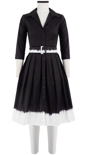 Audrey Dress #1 Shirt Collar 3/4 Sleeve Cotton Stretch (White Border Tie Dye)