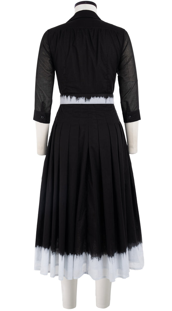 Audrey Dress #4 Shirt Collar 3/4 Sleeve Midi Length Cotton Musola (White Border Tie Dye)