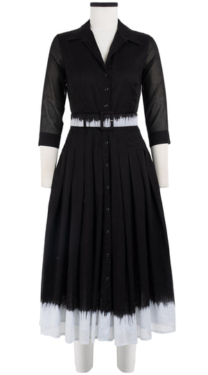 Audrey Dress #4 Shirt Collar 3/4 Sleeve Midi Length Cotton Musola (White Border Tie Dye)