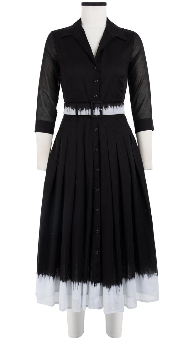 Audrey Dress #4 Shirt Collar 3/4 Sleeve Midi Length Cotton Musola (White Border Tie Dye)