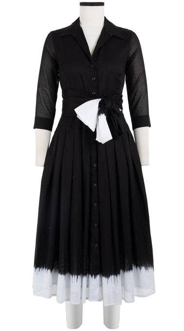 Audrey Dress #4 Shirt Collar 3/4 Sleeve Midi Length Cotton Musola (White Border Tie Dye)