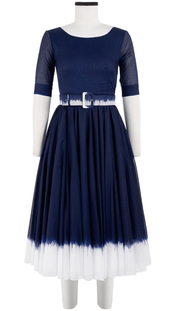 Aster Dress Boat Neck 1/2 Sleeve Midi Length Cotton Musola (White Border Tie Dye)