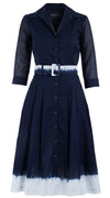 Audrey Dress #4 Shirt Collar 3/4 Sleeve Long Length Cotton Musola (White Border Tie Dye)