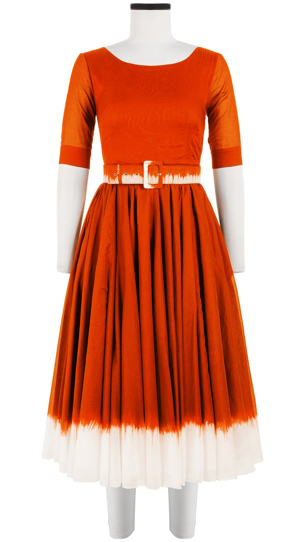 Aster Dress Boat Neck 1/2 Sleeve Midi Length Cotton Musola (White Border Tie Dye)