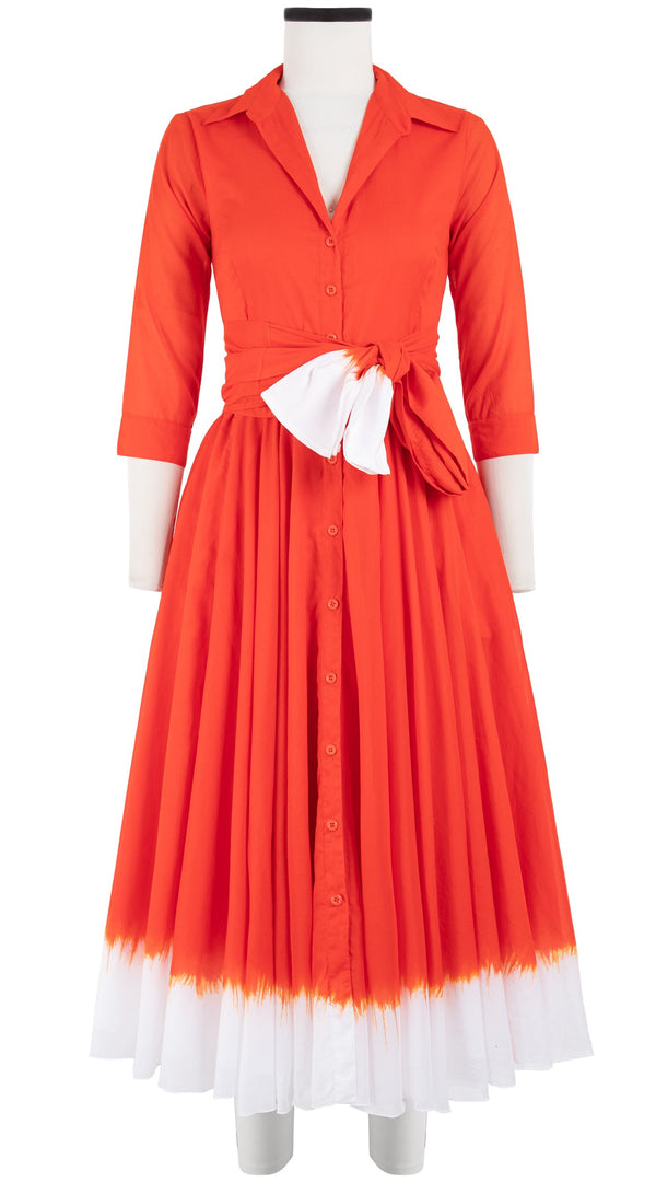 Aster Dress Shirt Collar 3/4 Sleeve Midi Length Cotton Musola (White Border Tie Dye)