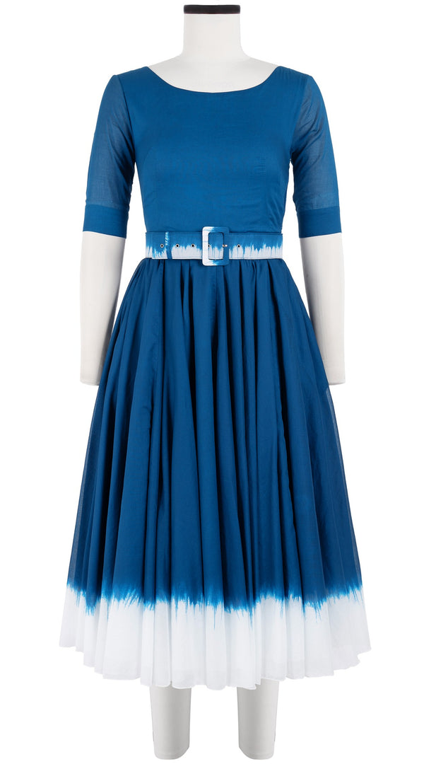 Aster Dress Boat Neck 1/2 Sleeve Midi Length Cotton Musola (White Border Tie Dye)