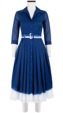 Audrey Dress #4 Shirt Collar 3/4 Sleeve Midi Length Cotton Musola (White Border Tie Dye)
