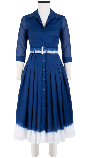 Audrey Dress #4 Shirt Collar 3/4 Sleeve Midi Length Cotton Musola (White Border Tie Dye)