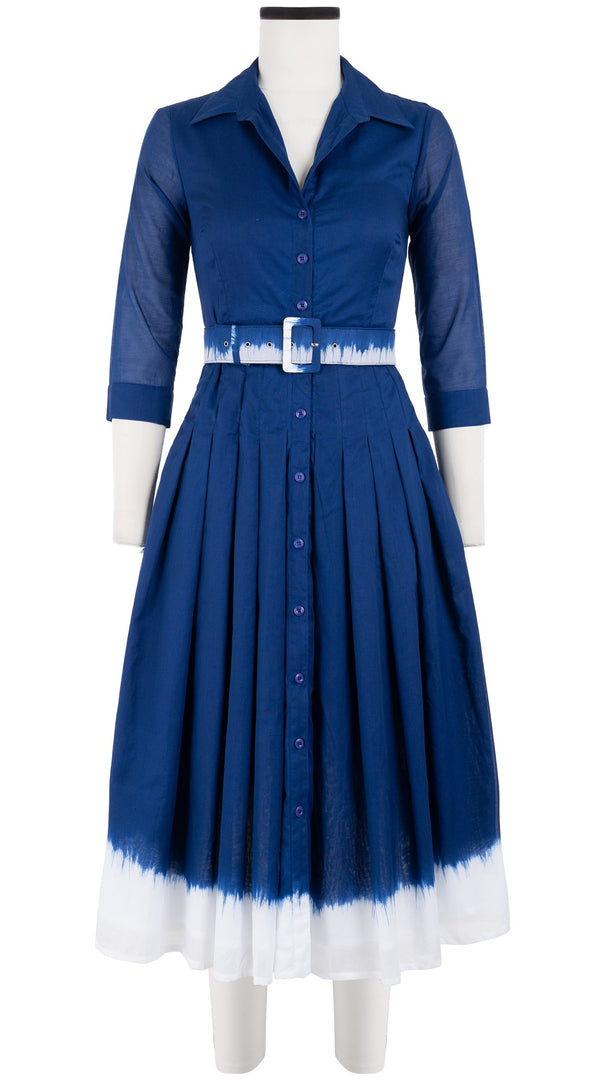 Audrey Dress #4 Shirt Collar 3/4 Sleeve Midi Length Cotton Musola (White Border Tie Dye)