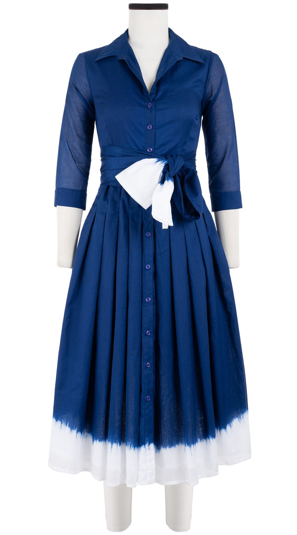 Audrey Dress #4 Shirt Collar 3/4 Sleeve Midi Length Cotton Musola (White Border Tie Dye)