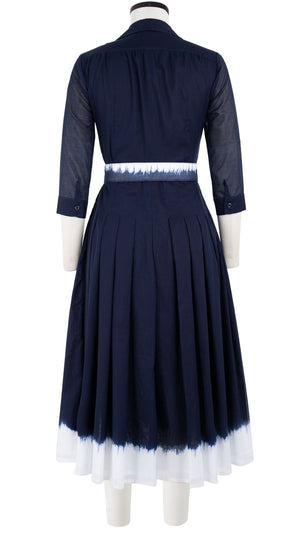 Audrey Dress #4 Shirt Collar 3/4 Sleeve Midi Length Cotton Musola (White Border Tie Dye)