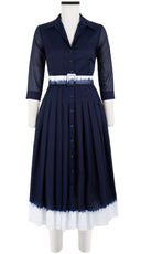 Audrey Dress #4 Shirt Collar 3/4 Sleeve Midi Length Cotton Musola (White Border Tie Dye)