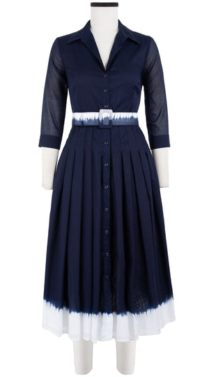 Audrey Dress #4 Shirt Collar 3/4 Sleeve Midi Length Cotton Musola (White Border Tie Dye)
