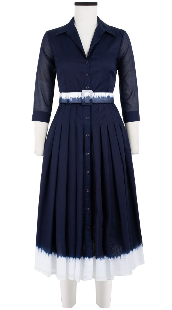 Audrey Dress #4 Shirt Collar 3/4 Sleeve Midi Length Cotton Musola (White Border Tie Dye)