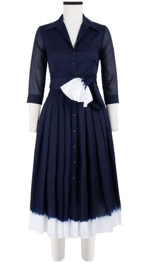 Audrey Dress #4 Shirt Collar 3/4 Sleeve Midi Length Cotton Musola (White Border Tie Dye)