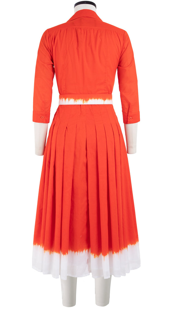 Audrey Dress #4 Shirt Collar 3/4 Sleeve Midi Length Cotton Musola (White Border Tie Dye)