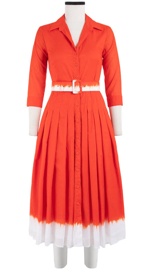 Audrey Dress #4 Shirt Collar 3/4 Sleeve Midi Length Cotton Musola (White Border Tie Dye)