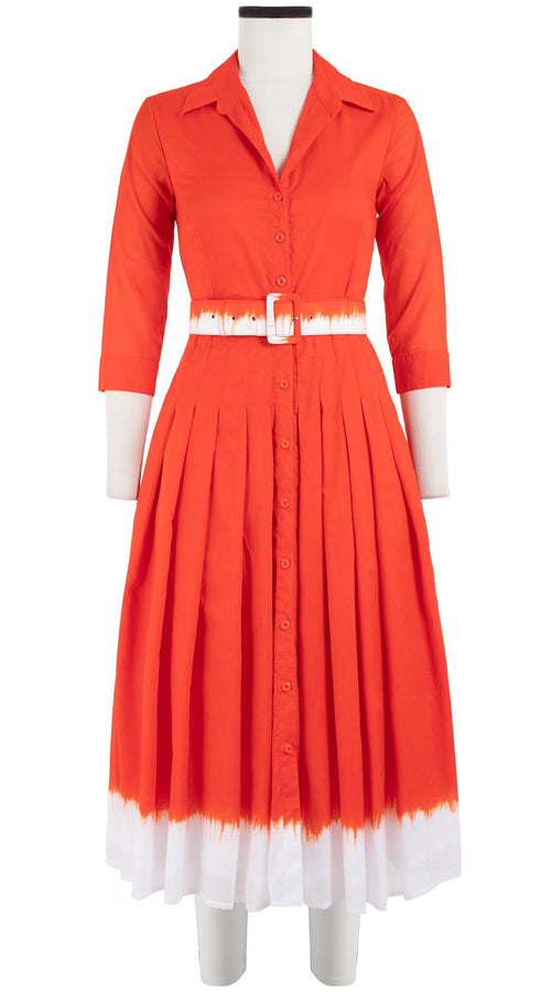 Audrey Dress #4 Shirt Collar 3/4 Sleeve Midi Length Cotton Musola (White Border Tie Dye)