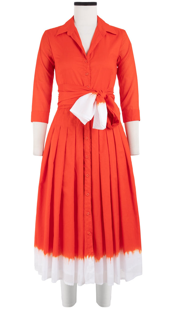 Audrey Dress #4 Shirt Collar 3/4 Sleeve Midi Length Cotton Musola (White Border Tie Dye)