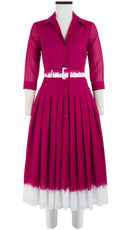 Audrey Dress #4 Shirt Collar 3/4 Sleeve Midi Length Cotton Musola (White Border Tie Dye)
