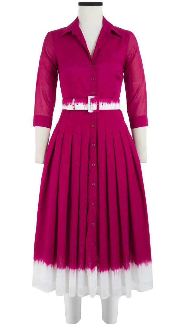Audrey Dress #4 Shirt Collar 3/4 Sleeve Midi Length Cotton Musola (White Border Tie Dye)