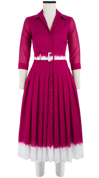 Audrey Dress #4 Shirt Collar 3/4 Sleeve Midi Length Cotton Musola (White Border Tie Dye)