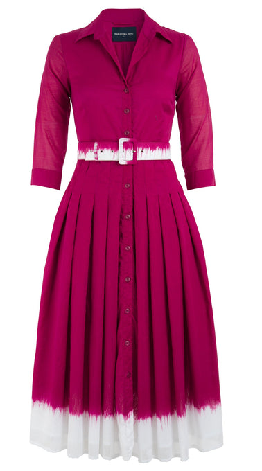 Audrey Dress #4 Shirt Collar 3/4 Sleeve Midi Length Cotton Musola (White Border Tie Dye)