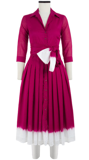 Audrey Dress #4 Shirt Collar 3/4 Sleeve Midi Length Cotton Musola (White Border Tie Dye)