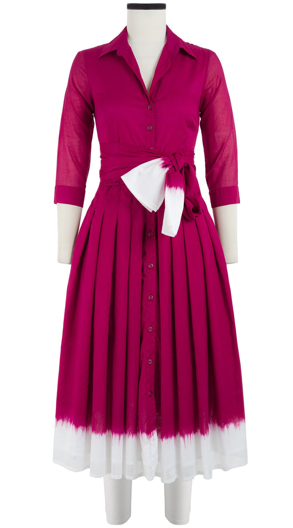 Audrey Dress #4 Shirt Collar 3/4 Sleeve Midi Length Cotton Musola (White Border Tie Dye)