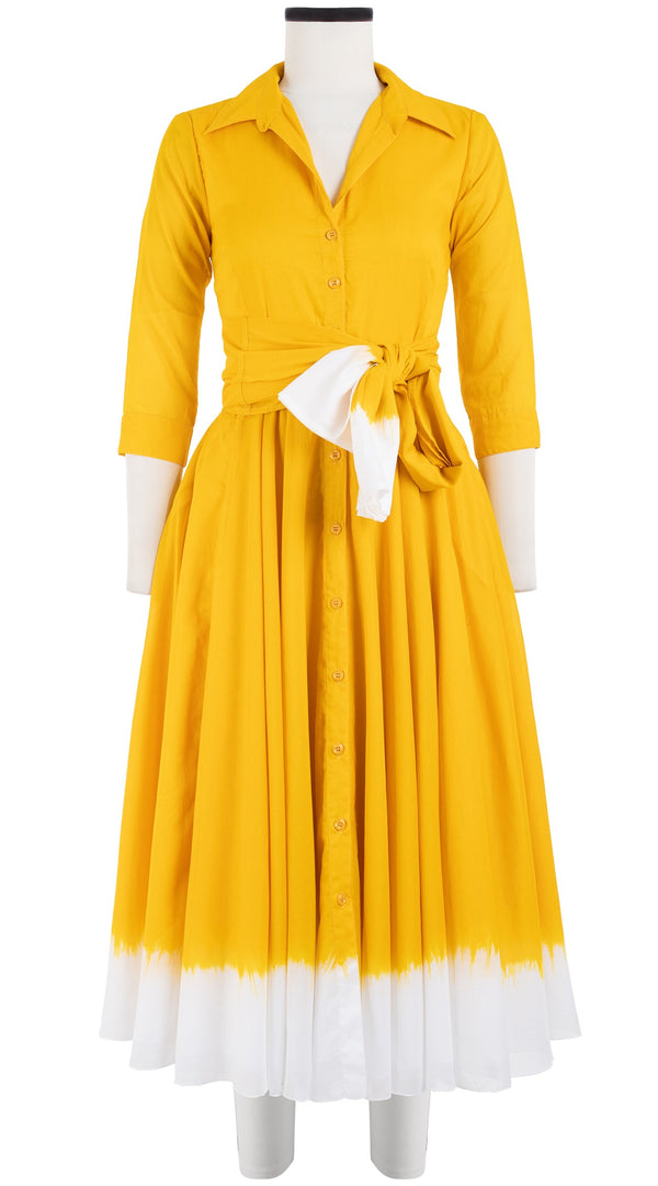 Aster Dress Shirt Collar 3/4 Sleeve Midi Length Cotton Musola (White Border Tie Dye)